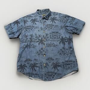 Orvis Mens XL Indigo Blue Dyed Hawaiian Beach Short‎ Sleeve Shirt 100% Cotton